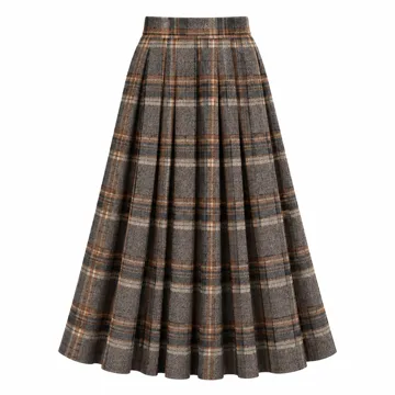 AI-generated style illustration for IDEALSANXUN Womens Plaid Wool Skirts Elastic Waist A-Line Pleated Tartan Long Skirts; not a retailer photograph