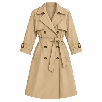 AI-generated style illustration for Orolay Women's 3/4 Length Double Breasted Trench Coat Lapel Jacket with Belt; not a retailer photograph