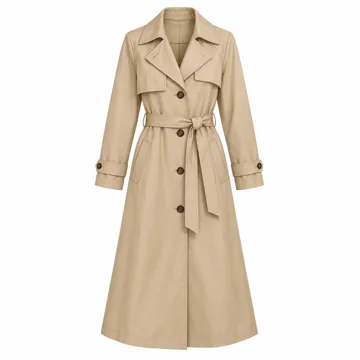 AI-generated style illustration for LONDON FOG womens Single Breasted Long Trench Coat With Epaulettes and Belt; not a retailer photograph
