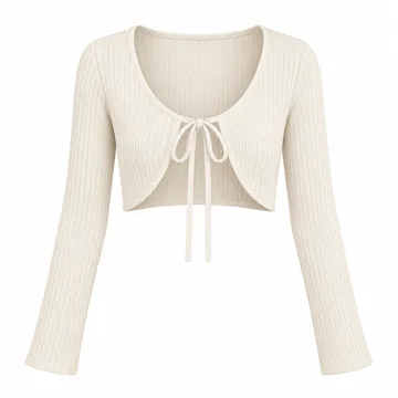 AI-generated style illustration for Floerns Women's Tie Front Long Sleeve Ribbed Knit Shrug Cardigan Crop Top; not a retailer photograph