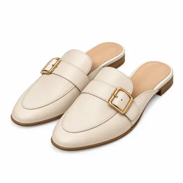 AI-generated style illustration for Arqa Mules for Women Almond Toe Leather Flats Slip-on Comfort Backless Loafers Buckle Mule Shoes; not a retailer photograph