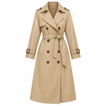 AI-generated style illustration for CREATMO US Women's Trench Coat Double-Breasted Classic Lapel Overcoat Belted Slim Outerwear Coat with Detachable Hood; not a retailer photograph