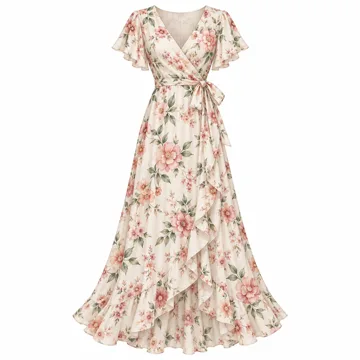 AI-generated style illustration for PRETTYGARDEN Womens Long Sleeve Boho Floral Wrap Maxi Dress; not a retailer photograph
