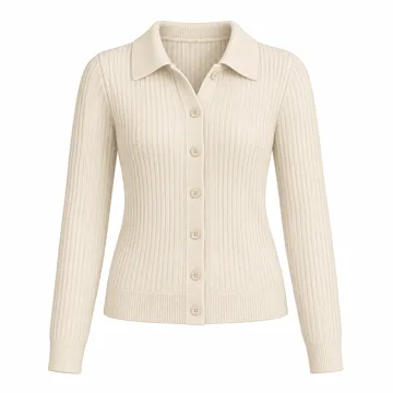 AI-generated style illustration for Amazon Essentials Women's Fine Gauge Stretch Polo Ribbed Long Sleeve Sweater Cardigan; not a retailer photograph