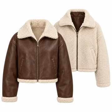 AI-generated style illustration for Levi's Women's Shorty Reversible Sherpa Faux Leather Jacket; not a retailer photograph