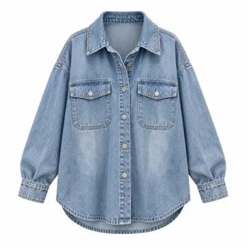 AI-generated style illustration for SHEWIN Womens Oversized Denim Jacket Casual Long Sleeve Button Down Plaid Shacket Boyfriend Jean Jacket With Pockets; not a retailer photograph