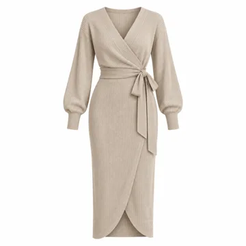 AI-generated style illustration for ZESICA Women's Fall Long Sleeve Wrap Wedding Guest Midi Sweater Dresses; not a retailer photograph