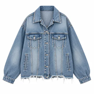 AI-generated style illustration for Vetinee Women's Oversized Button Up Frayed Hem Denim Shacket Jean Jacket; not a retailer photograph