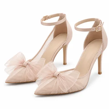 AI-generated style illustration for DREAM PAIRS Women's High Heels Strappy Closed Toe Stiletto Pointed Toe Mesh Bows Ankle Strap D'Orsay Sexy Dress Wedding Party Pumps Shoes; not a retailer photograph