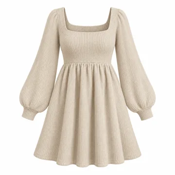 AI-generated style illustration for Sampeel Womens Square Neck Long Sleeve Fall Dresses Casual Babydoll Sweater Dress; not a retailer photograph