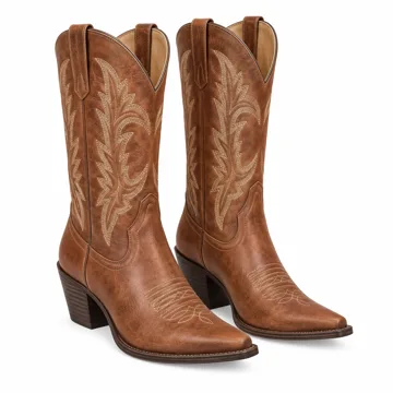 AI-generated style illustration for Cowboy Boots for Women Western Cowgirl Mid Calf Chunky Heel Snip Toe Boots; not a retailer photograph