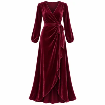 AI-generated style illustration for BerryGo Women's Velvet V Neck Wrap Semi Formal Dress Cocktail Party Maxi Dress for Wedding Guest; not a retailer photograph