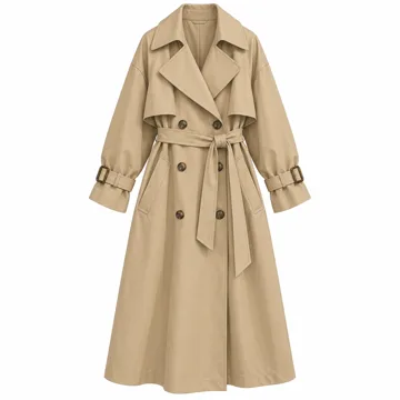 AI-generated style illustration for Farktop Womens Oversized Long Trench Coat Double Breasted Lapel Windproof; not a retailer photograph