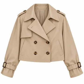AI-generated style illustration for Saodimallsu Women Crop Double Breasted Trench Coat Short Cropped Jacket; not a retailer photograph