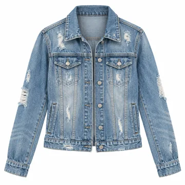 AI-generated style illustration for luvamia Denim Jacket for Women Distressed Jean Jackets Button Up Vintage Western Trucker Jacket Frayed Hem Pockets; not a retailer photograph