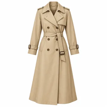 AI-generated style illustration for Womens Long Trench Coat Double Breasted Windproof Overcoat With Belt; not a retailer photograph