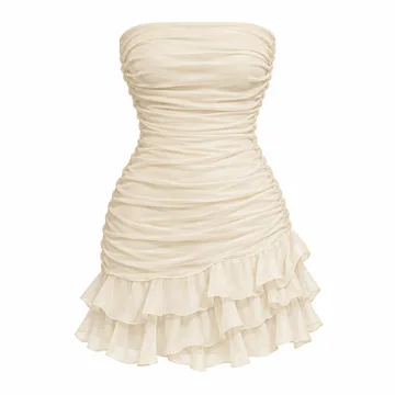 AI-generated style illustration for CIDER Women's Summer Cocktail Dress - Tube Ruched Ruffle Mini Dress; not a retailer photograph