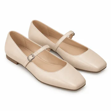 AI-generated style illustration for Amazon Essentials Women's Square-Toe Mary Jane Ballet Flat with Adjustable Metal Buckle Strap, Non-Slip Low Heel, Cushioned; not a retailer photograph