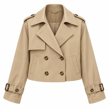AI-generated style illustration for luvamia Cropped Trench Coat for Women Long Sleeve Double Breasted Notched Lapel Casual Loose Fit Jackets with Pockets; not a retailer photograph