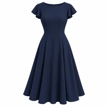 AI-generated style illustration for London Times Women's London Times Women's Dresses Crepe Fit and Flare Midi with Waist Button Detail; not a retailer photograph