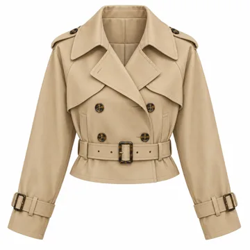AI-generated style illustration for Tankaneo Womens Cropped Trench Double Breasted Short Jacket with Belt; not a retailer photograph