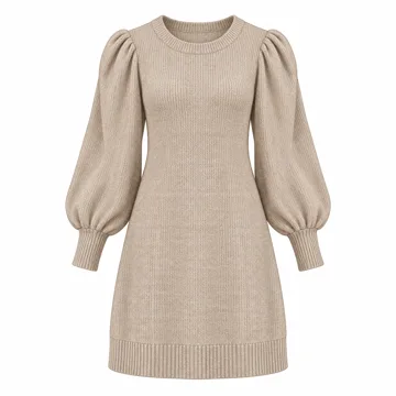 AI-generated style illustration for Zeagoo Women Knit Dress Puff Long Sleeve Dress for Fall Winter Round Neck Casual Tunic Dress; not a retailer photograph
