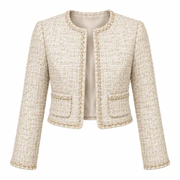 AI-generated style illustration for Cicy Bell Womens Cropped Tweed Blazer Collarless Button Down Bomber Jacket; not a retailer photograph