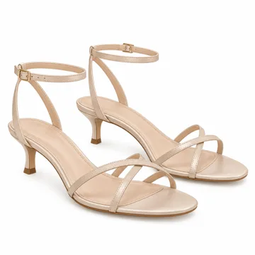 AI-generated style illustration for Coutgo Womens Strappy Heeled Sandals Kitten Low Heel Open Toe Ankle Strap Party Wedding Dress Shoes; not a retailer photograph