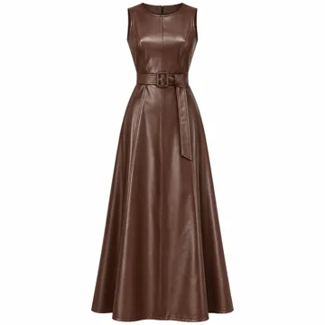 AI-generated style illustration for CHARTOU Women PU Faux Leather Sleeveless Elegant Flowy Long Dress Party Night Out Dress with Belt; not a retailer photograph