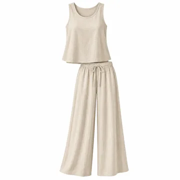 AI-generated style illustration for ANRABESS Women 2 Piece Outfits Tank Top & Palazzo Pants 2026 Summer Lounge Matching Sets Travel Vacation Beach Clothing; not a retailer photograph