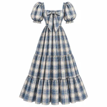AI-generated style illustration for ABYOVRT Women Plaid Maxi Dress Long Puff Sleeve Square Neck Flowy Boho Dress Bow Tie Smocked Fall Dresses; not a retailer photograph
