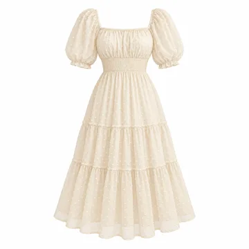 AI-generated style illustration for Mettclasi Women's Spring Fall Swiss Dot V-Neck Midi Dress Casual Puff Long Lantern Sleeve A-Line Flowy Wedding Guest Dress; not a retailer photograph