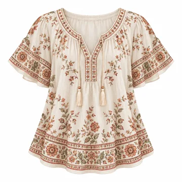 AI-generated style illustration for Falechay Womens Summer Tops Flowy Boho Shirts Dressy Casual Short Sleeve; not a retailer photograph