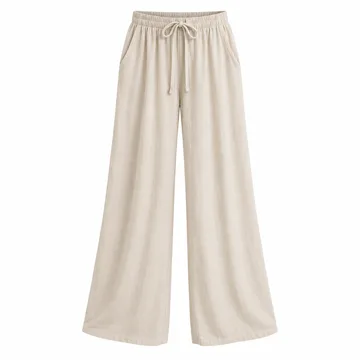 AI-generated style illustration for JEKAOYI Women's Casual Linen Wide Leg Pants with Pockets Boho Palazzo High Waisted Drawstring Lounge Trousers; not a retailer photograph