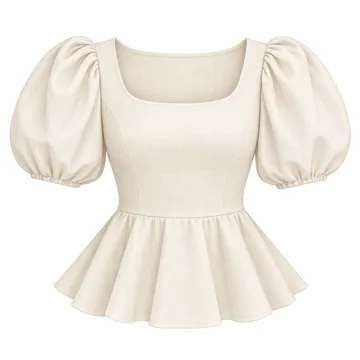 AI-generated style illustration for MASCOMODA Womens Puff Short Sleeve Peplum Babydoll Tops 2026; not a retailer photograph