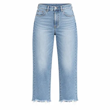 AI-generated style illustration for KDF Straight Leg Jeans for Women High Waisted Frayed Baggy Pants Stretchy Cropped Wide Leg Jeans; not a retailer photograph