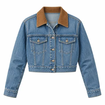 AI-generated style illustration for Amazon Essentials Women's Oversized-Fit Cropped Heavyweight Denim Jacket with Contrast Corduroy Collar; not a retailer photograph