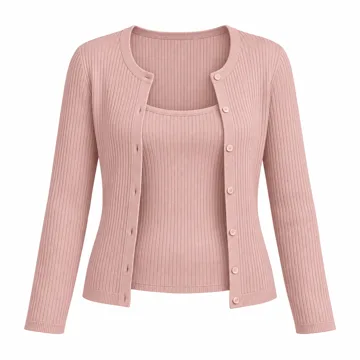 AI-generated style illustration for Amazon Essentials Women's Slim-Fit Ribbed Cardigan & Cami Set with Removable Straps; not a retailer photograph