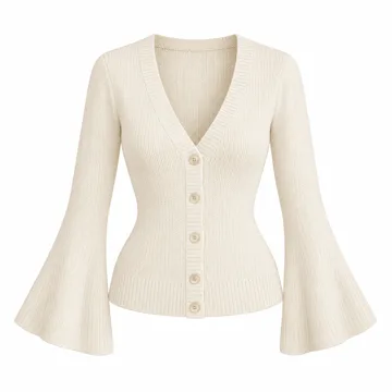 AI-generated style illustration for Amazon Essentials Women's Regular-Fit Long-Sleeve Cardigan with Bell Sleeves and Shaped Waist; not a retailer photograph