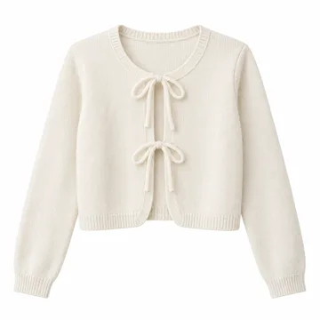 AI-generated style illustration for Amazon Essentials Women's Regular-Fit Long-Sleeve Tie Front Cardigan with Bows, Blouson Sleeve, Rib Cuff; not a retailer photograph