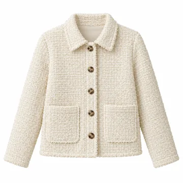 AI-generated style illustration for Amazon Essentials Women's Regular-Fit Trendy Wool Blend Boucle Button-Down Jacket; not a retailer photograph