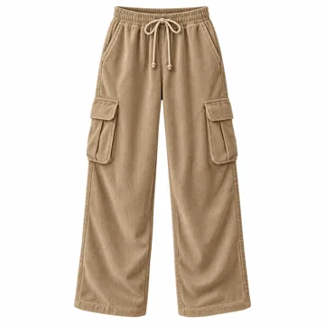 AI-generated style illustration for Sidefeel Womens Corduroy Pants Casual High Waisted Elastic Drawstring Cargo Loose Fit Wide Leg Pants with Pockets; not a retailer photograph