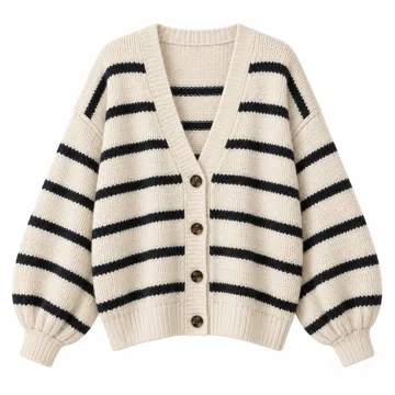 AI-generated style illustration for Women's Casual Loose Fit Striped Cardigan Long Balloon Sleeves Open Front Knit Sweater; not a retailer photograph
