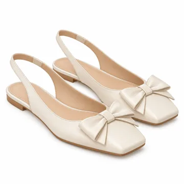 AI-generated style illustration for Women's Ballet Flats Slingbacks Square Toe Bow Knit Dressy Flat Shoes with Ankle Buckles Satin; not a retailer photograph