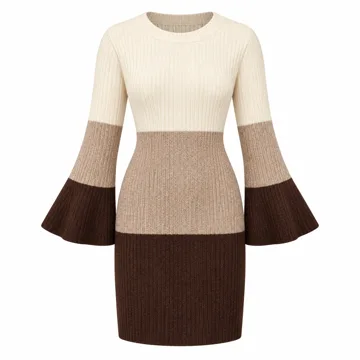AI-generated style illustration for MEROKEETY Women's Fall Long Bell Sleeve Sweater Dress 2025 Elegant Bodycon Color Block Knit Midi Maxi Dresses; not a retailer photograph