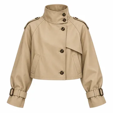 AI-generated style illustration for Megfie Jackets for Women Vintage Trench Coat Funnel Neck Cropped Jackets; not a retailer photograph