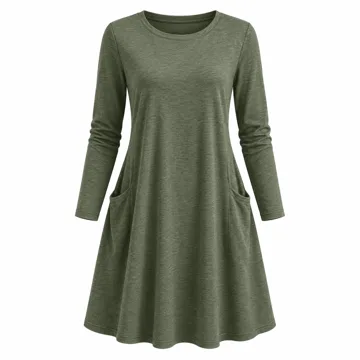 AI-generated style illustration for OFEEFAN Long Sleeve Dress for Women Crew Neck Tunic Dress with Pockets Decorative Buttons; not a retailer photograph