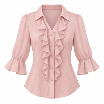 AI-generated style illustration for LOMON Womens 3/4 Sleeve Button Down Tops Dressy Casual Ruffle Blouses; not a retailer photograph