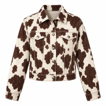 AI-generated style illustration for Bailey Rose Women's Cow Print Jacket; not a retailer photograph