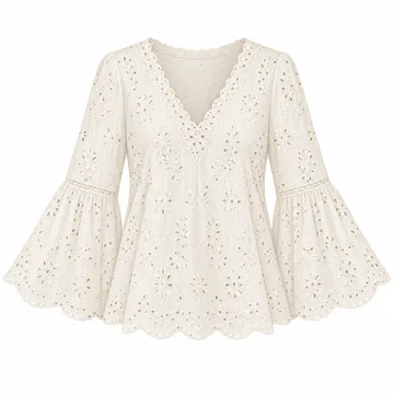 AI-generated style illustration for WIHOLL Womens Tops Eyelet Lace V Neck 3/4 Bell Sleeve Blouses Dressy Casual Work Shirt 2026 Summer Fall Fashion Clothing; not a retailer photograph